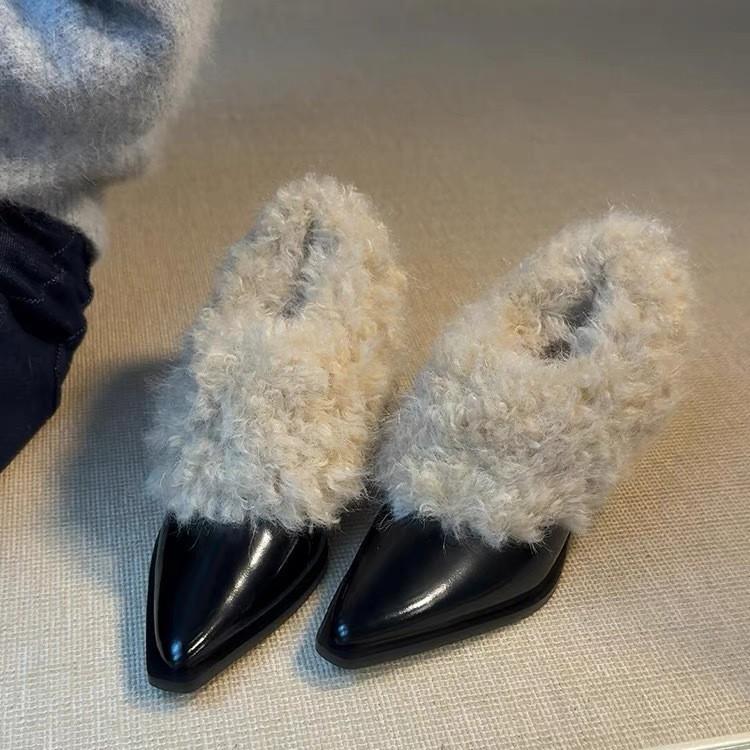 Autumn and Winter Versatile Fluffy Shoes Women's Retro Wind Velvet Warm Cotton Shoes Pointed High Heels Single Shoes