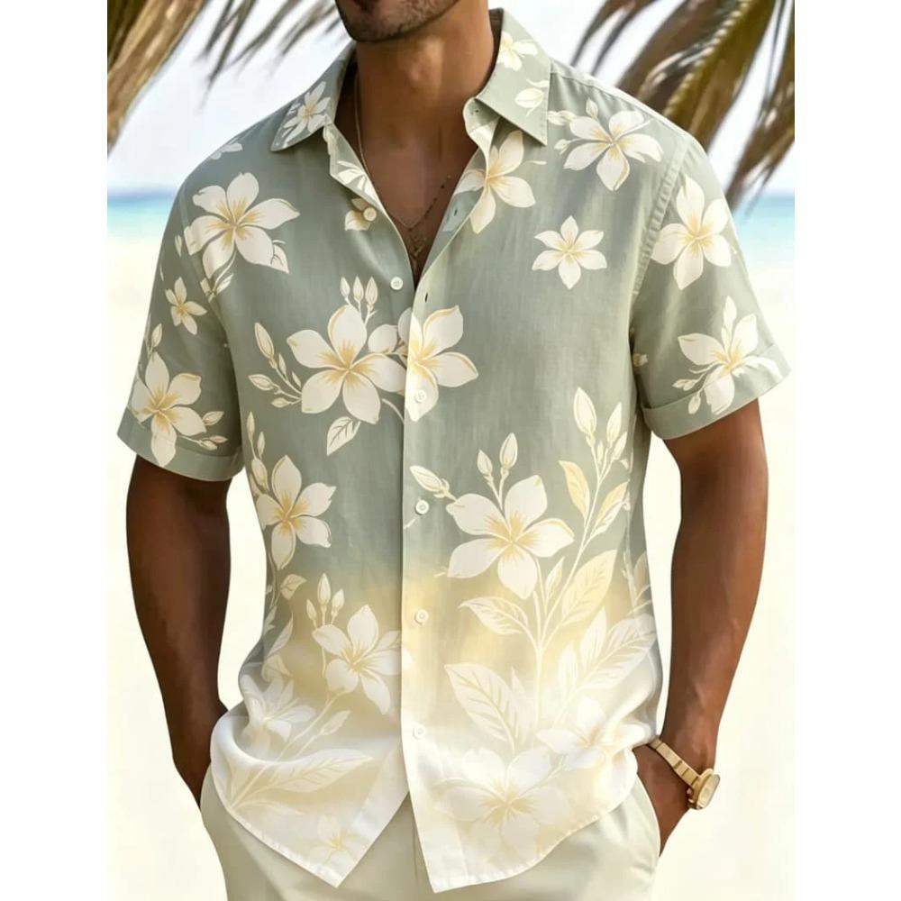 Men's Tropical Gradient Plant Printed Short Sleeved Shirt, Suitable For Summer Travel, Beach Leisure, And Daily Casual Wear