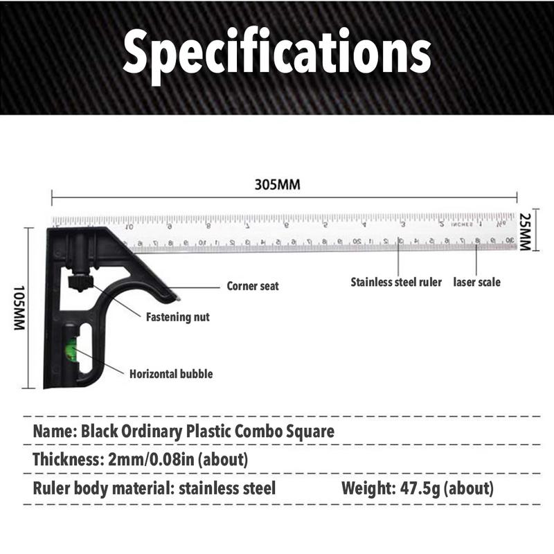 12inch Adjustable Combination Square/Right Angle Ruler 45 / 90 Degree with Bubble Level Gauge Measuring Tools for Woodworking