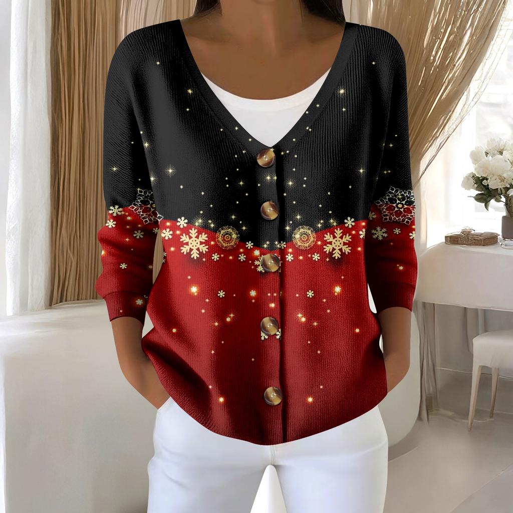 Damemote Langermet Christmas Snowman Snowflake Print Jakke Cardigan