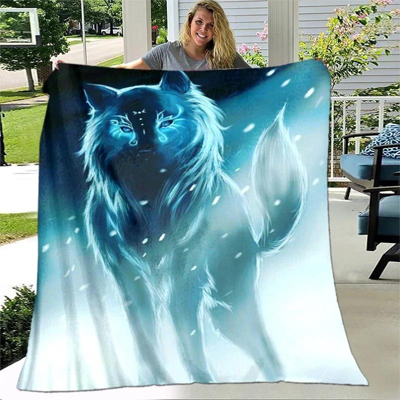 Arte Fantasia Lupo Morbido Peluche Divano Letto Lancio Cartone Animato Picnic Coperte Moderna Coperta di Flanella Stampata Copriletto Regalo