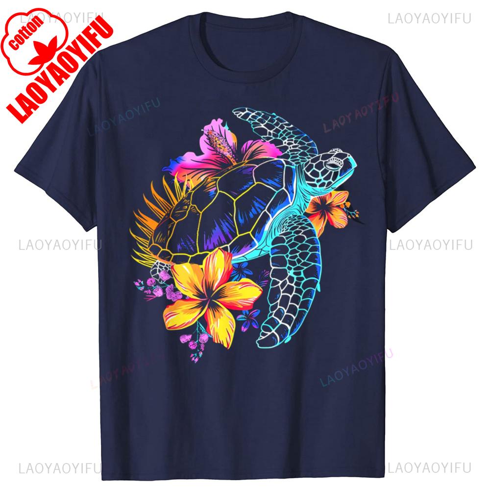 Смешная Морская Черепаха Гавайские Цветы Гавайи Подводное Плавание Ныряльщик Мужчина Печатные Футболки Хлопок Футболка с Юмором Короткий Рукав Свободная Одежда 4XL