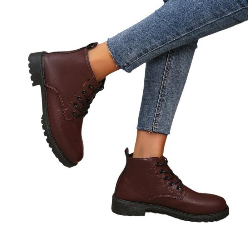 Martin Boots Women's Autumn and Winter New Square Heel Round Head Low Tube Lace-up Fashion Large Size Martin Boots