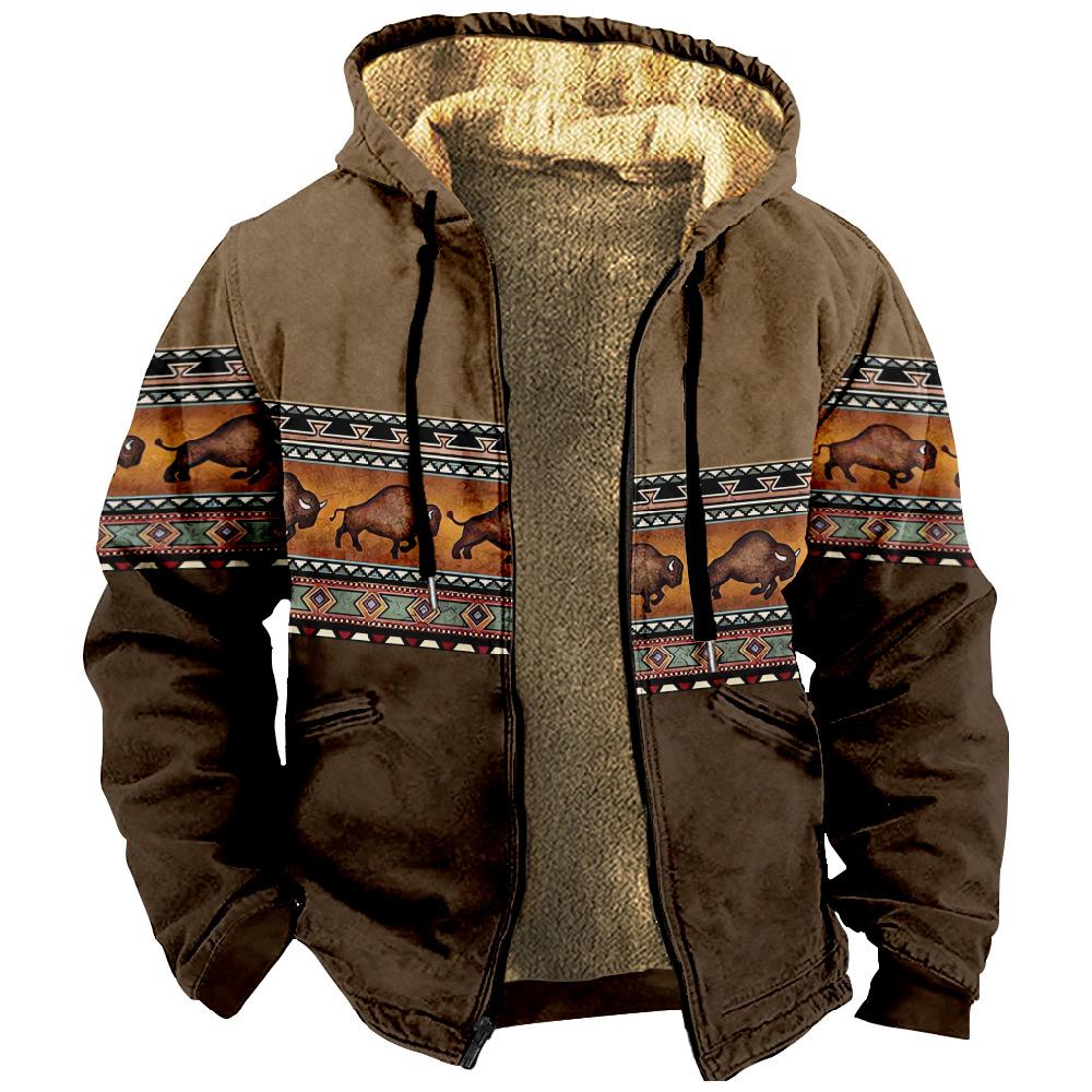 Vintage Winter Jackets Men Bison Print Design Motorcycle Jacket Casual Long Sleeve Coats Versatile Hooded Sweatshirts