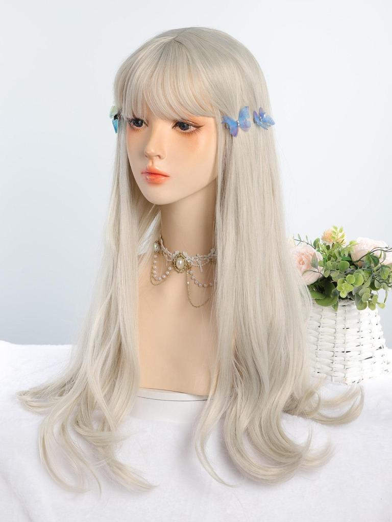 Light Ash Cosplay Synthetic Wigs with Bangs Long 24-inch Long Curly Wavy Lolita Halloween Wigs Heat Resistant Fiber Bangs Hair