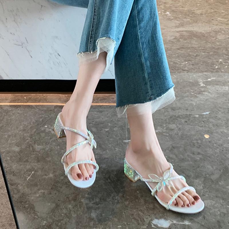 (No replenishment) Bow rhinestone sandals thick heel slippers women wear new fairy cool slippers in summer 39