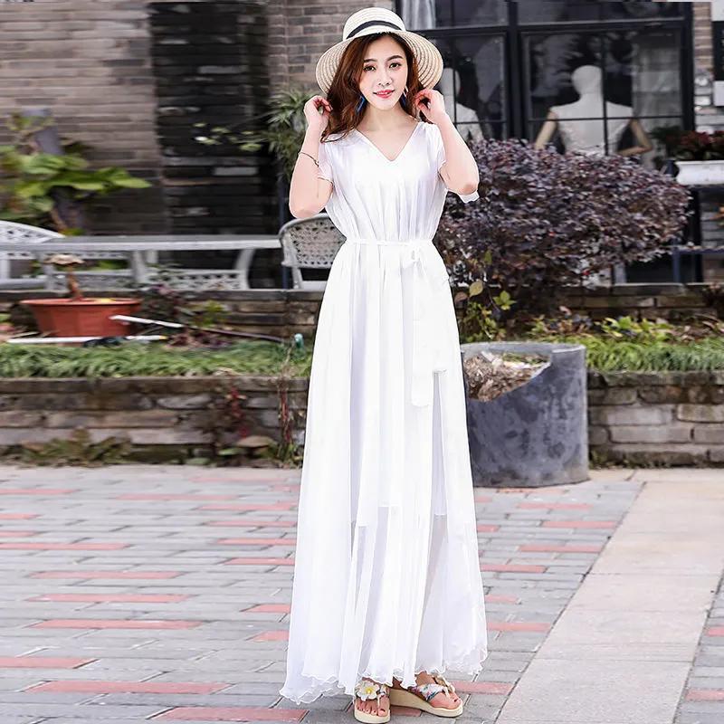 Tide Summer Elegant Solid O-neck Short Sleeve Folds Vestido Women Casual Lace-up Pleated Chiffon Dress