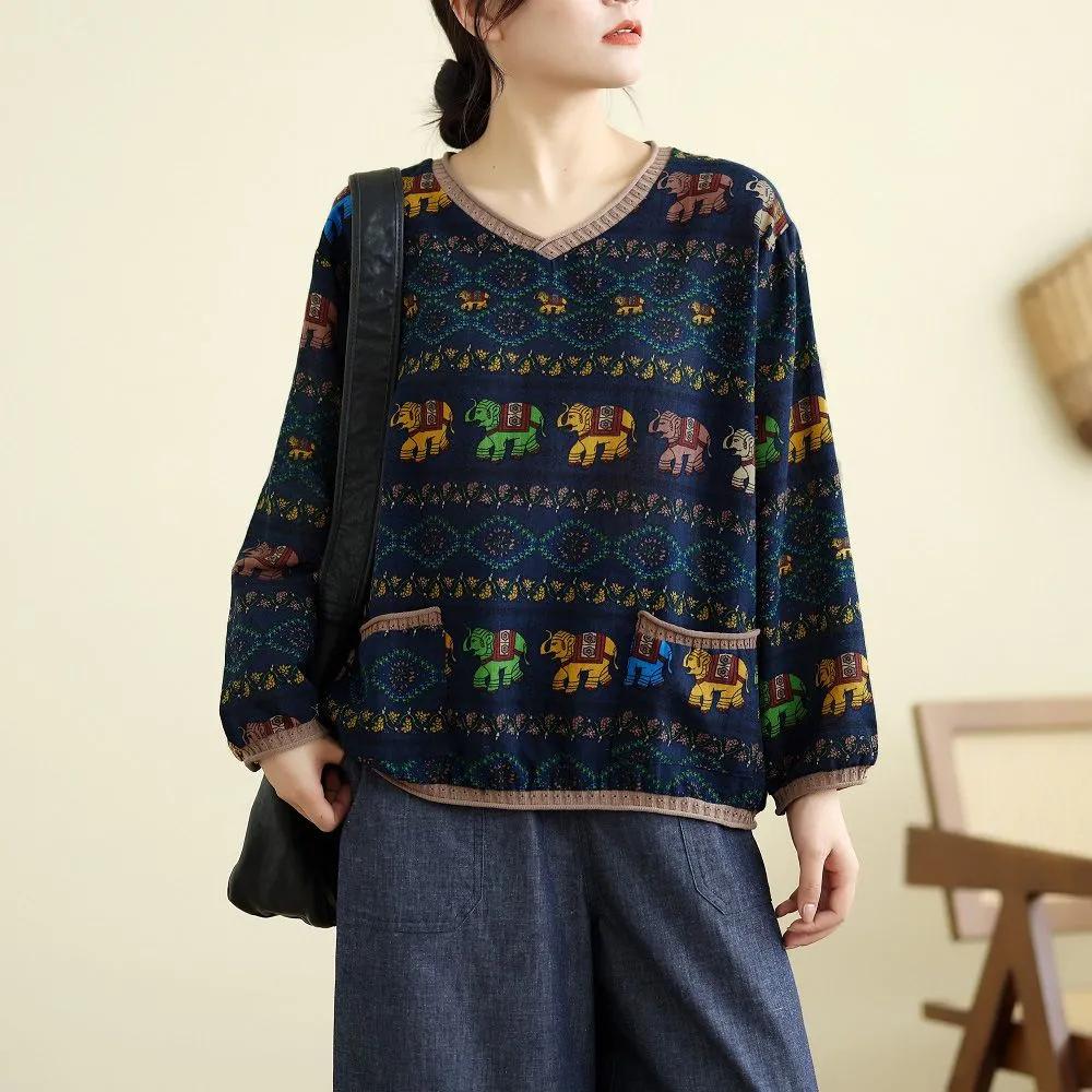 Retro National Style Cotton and Linen Long-sleeved V-neck Bottoming Shirt Women's Spring and Autumn Loose and Thin Linen Pullover T-shirt Top