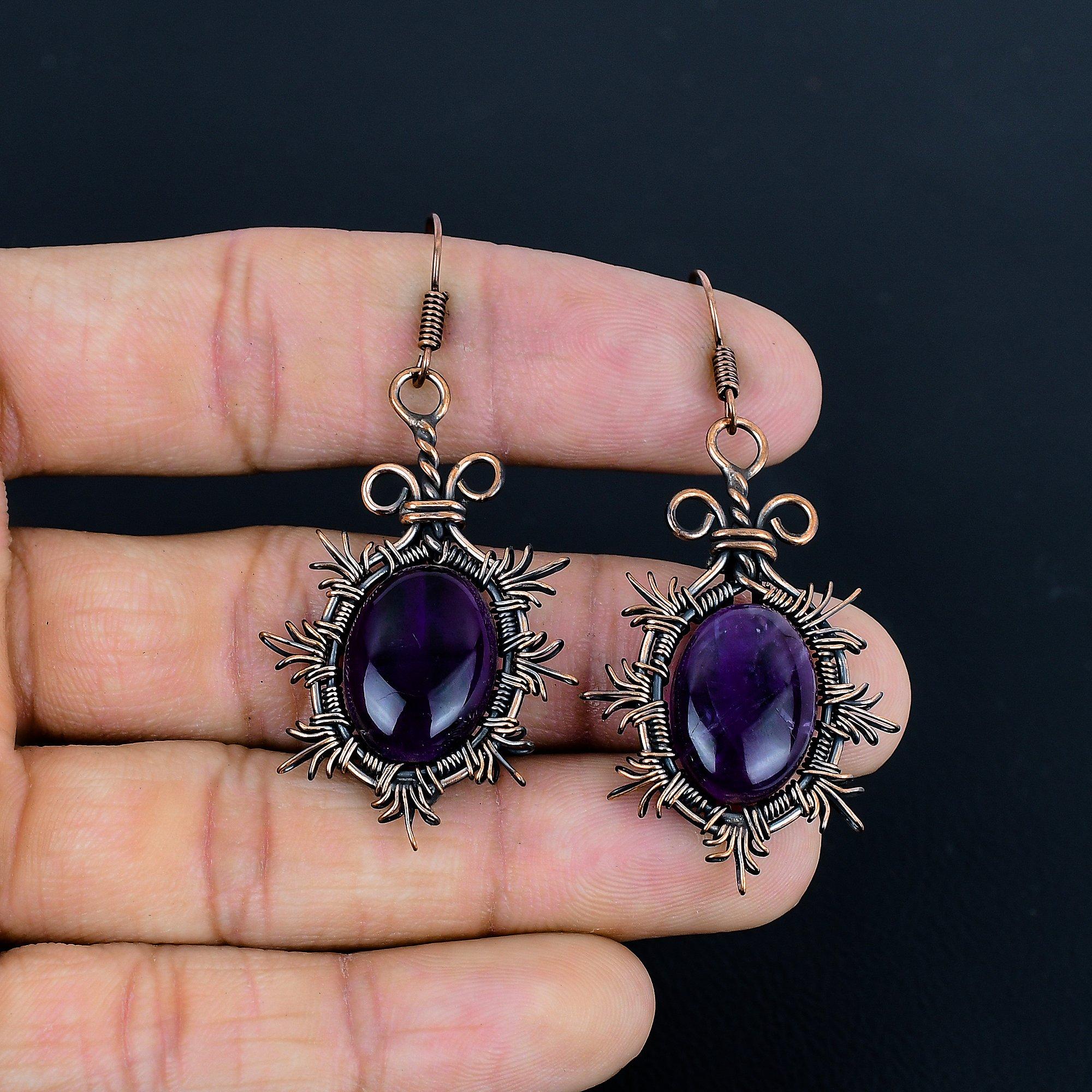 

Amethyst Earrings, 999 Copper Wire Wrapped Gemstone Jewelry, Handmade Earrings Amazing Jewelry, Gift For Her 2.55 Inches