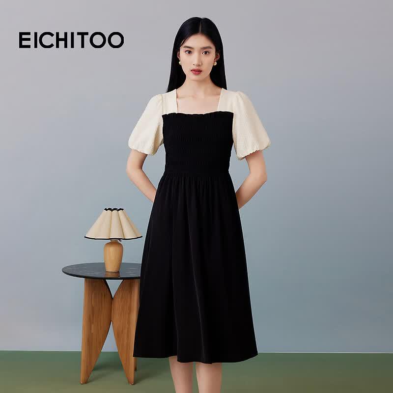 EICHITOO Summer Elegant Patchwork Short Sleeve Dress S