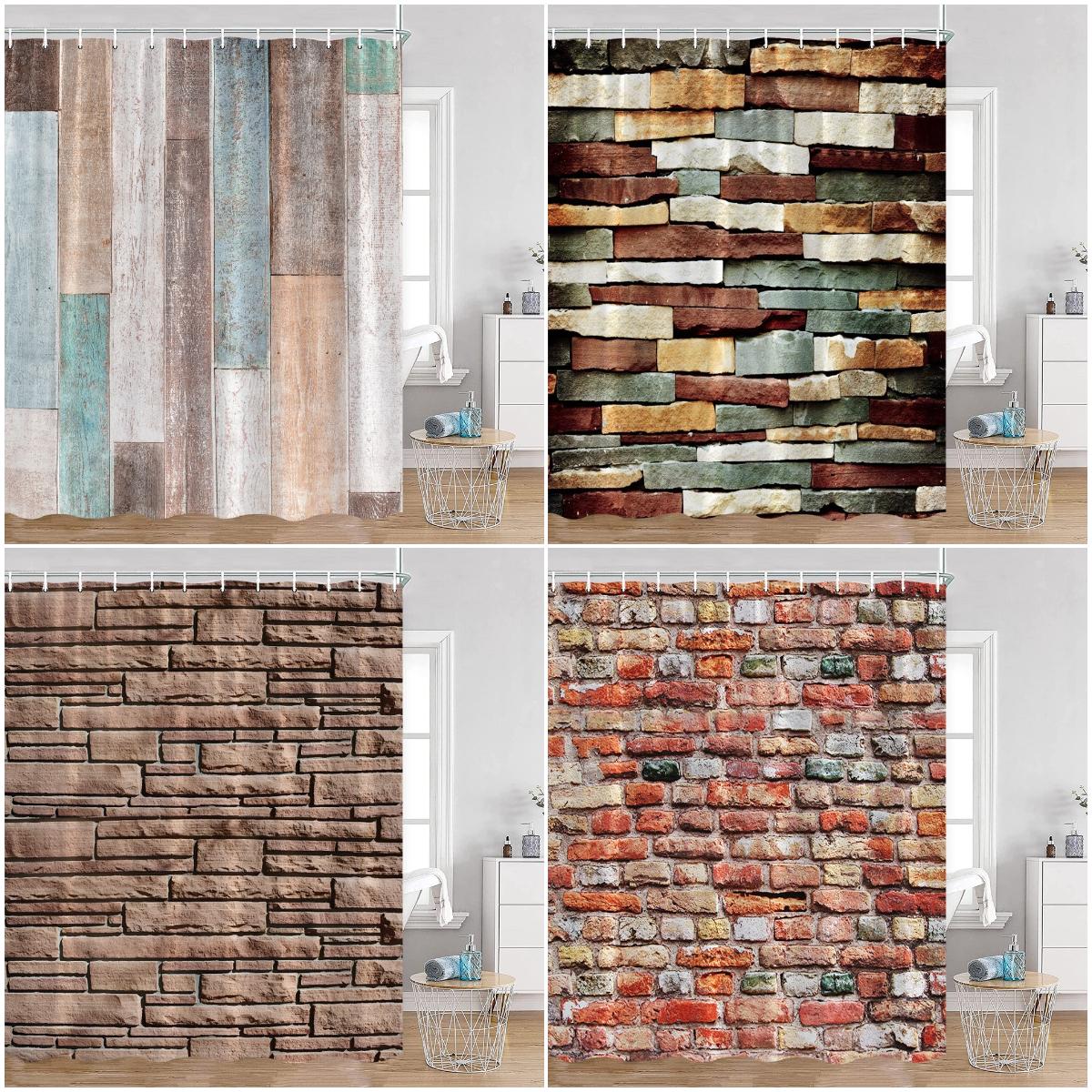 Monika Chen Countryside Wooden Board Shower Curtain Brick Wall Farmhouse Farm Bathroom Curtains Wooden Planks Art Pattern Bath Curtain Decor
