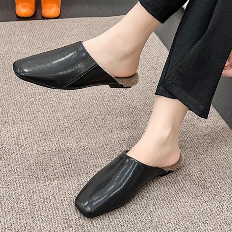 Fashion Women's Slippers 2025 Autumn and Winter New Retro Square Soft Wool Slippers Fashionable Casual Wool Flat-sole Bag-toe Slippers