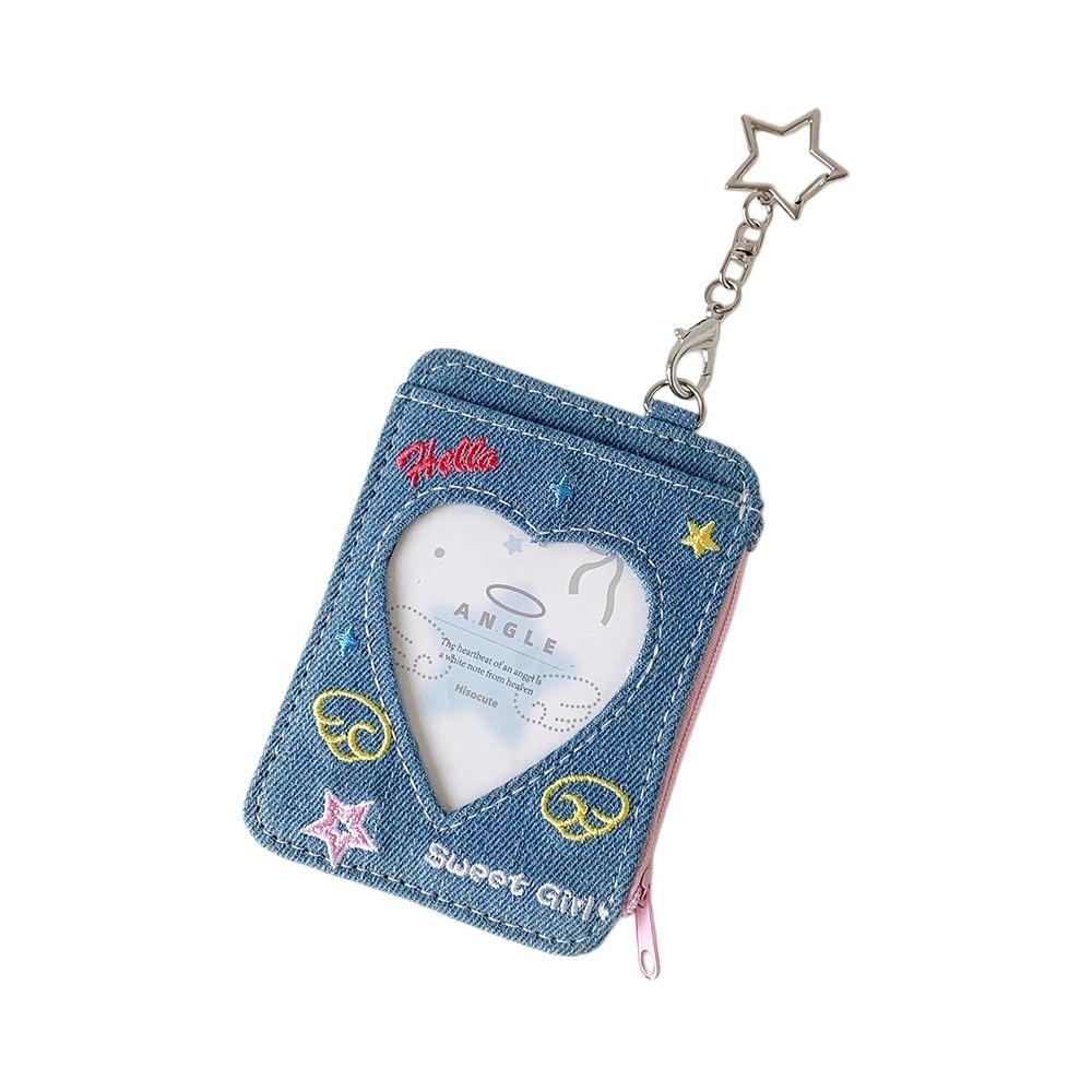 

Denim Embroidery Small Denim Card Bag with Keychain Photo Photocard Frame School Stationery светло-синий