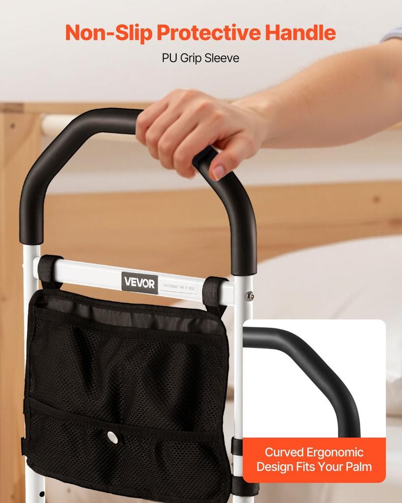 Bed Rail for Elderly, Bedside Assist Rails with Supporting Leg and PU Handrail, Adjustable Height Carbon Steel Pipe Bedside Cane, Bed Bars for Seniors