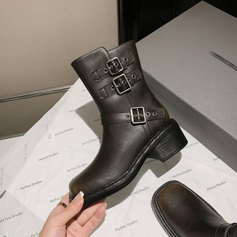 

New women s leather boots leather sleeve low boots cowhide thick-soled non-slip medium heel Martin boots autumn and winter large size boots 40