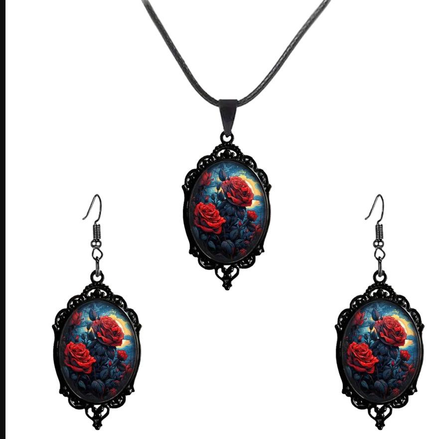 Flower Pattern Black Frame Glass Pendant Earrings, Necklace Set