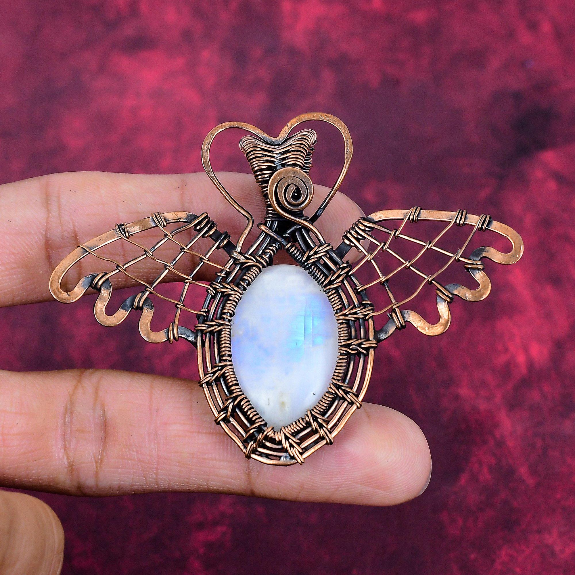 Rainbow Moonstone Pendant Butterfly Gemstone Pendant Copper Wire Wrapped Jewelry