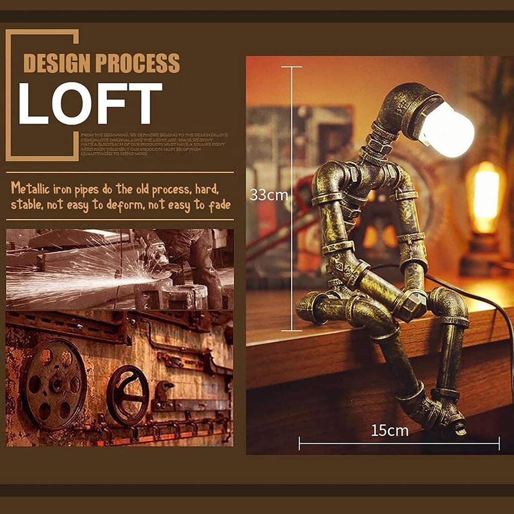 ALLUCK Retro Industrial Rusty Iron Water Pipe Table Lamp (Robot Steampunk) for Table or Side Desk, E27 110V, Single Light, Bronze, Suitable for