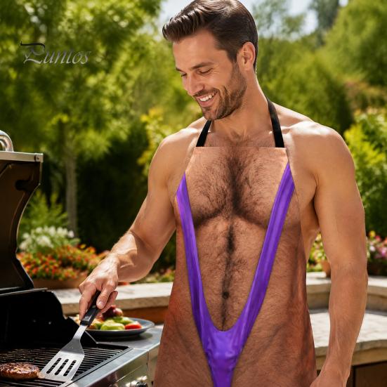 Funny White Elephant Gifts 3D Hairy Men's Body Apron, Novelty Muscle Print BBQ Gag for Men Cooking Bib, Adjustable Polyester Kitchen Apron Grilling