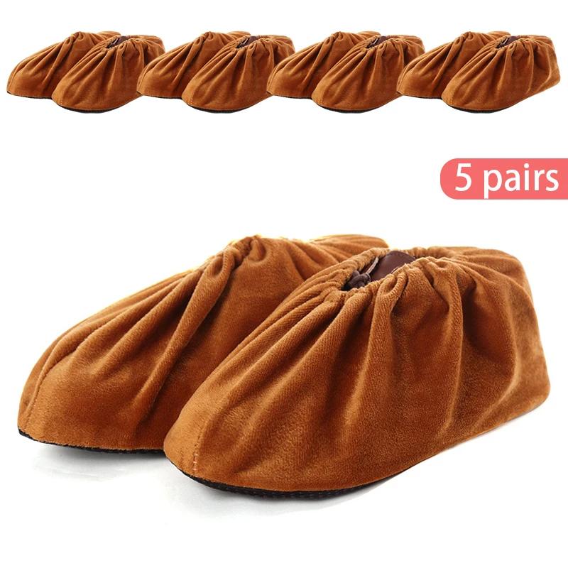 5 Pairs Thicken Plush Shoe Covers Reusable Anti-slip Soles Durable Wear-resistant Covers Foot for Indoor Outdoor Shoe