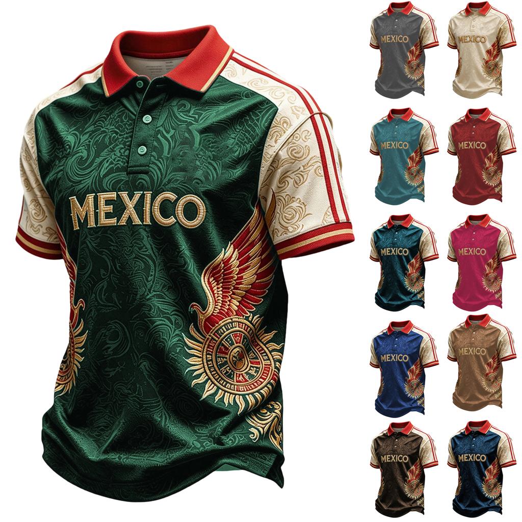 Men's Mexican Soccer Print Shirt with Collar for Casual Wear