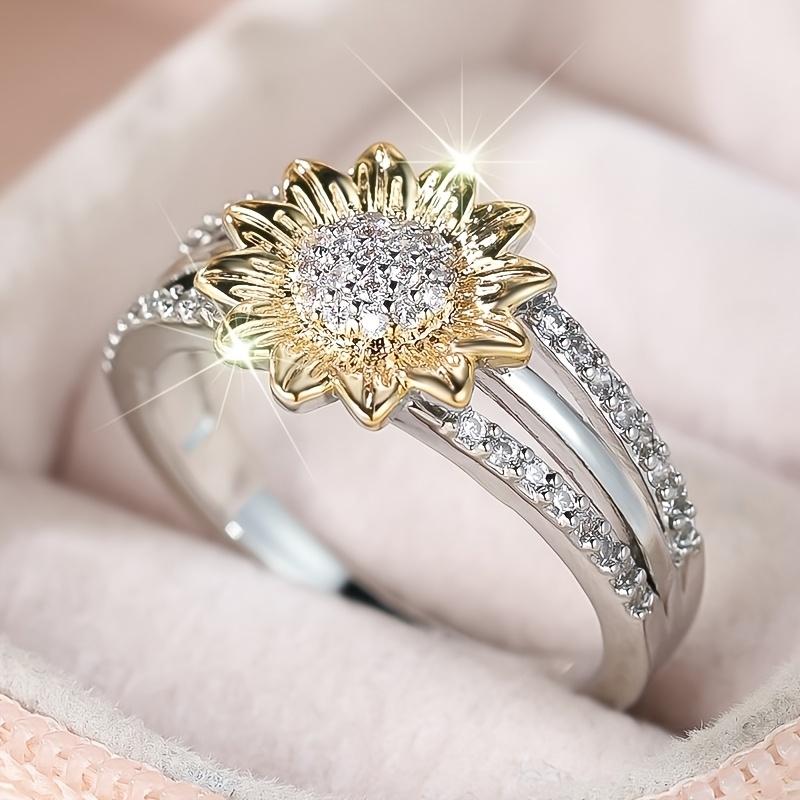 Huitan Sunflower Shaped Women Two Tone Ring Inlaid Bright CZ Trendy Party Wedding Accessories Gentle Jewelry for Lady Daily