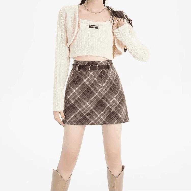 Non-Itchy Vintage Plaid Wool Blend Midi Skirt - Women's High Waist Slimming A-Line with Slit