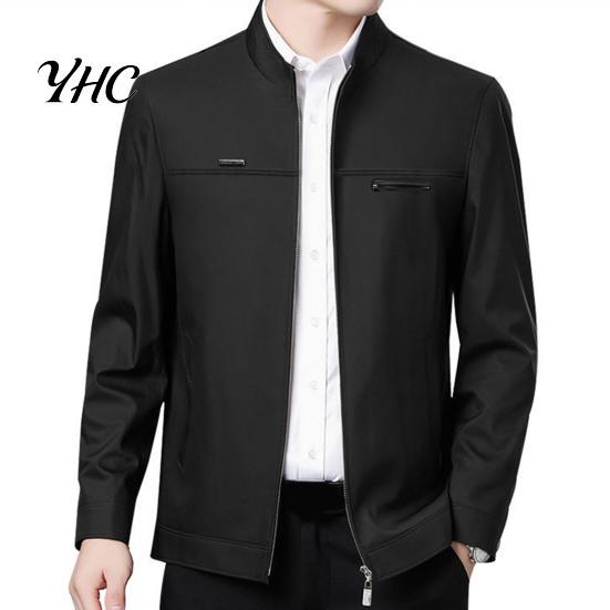 Solid Color Men Coat Spring Fall Stand Collar Mid-aged Father Jacket Long Cardigan Sleeve Smooth Zipper Closure Warm Business Style Pockets Winter