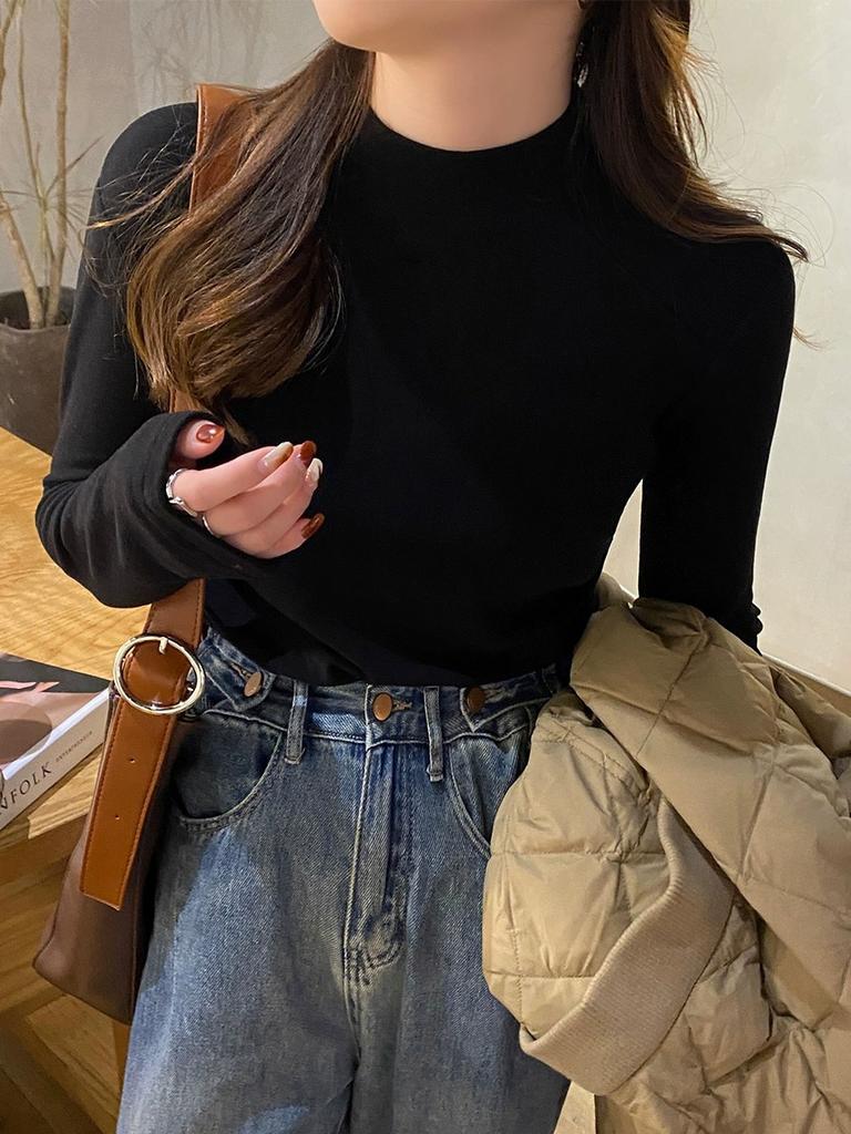 Temperament semi-turtleneck fishbone line design bottoming shirt women's spring slim-fitting simple long-sleeved inner collar top