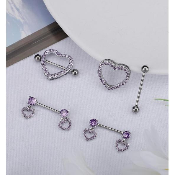 Staligue 2 Pairs Titanium Nipple Rings for Women 14G Nipple Piercing Heart CZ Barbell Body Nipple Piercing Jewelry