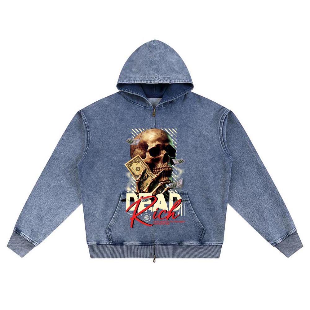 DTG Print Knitted Denim Zip-Up Hoodie Dead Rich Brother Print Zipper Hoodies