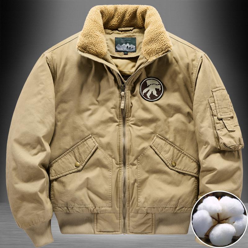 Зимняя куртка-пилот, мужская куртка с хлопковой подкладкой, повседневная флисовая куртка с вышивкой, утолщенная куртка большого размера с хлопковой подкладкой M хаки