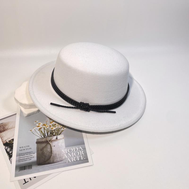 New Leather Rope Flat-top Woolen Top Hat Women's Autumn and Winter Temperament Elegant and Fashionable Versatile Flat-brimmed Felt Hat Men's Stage