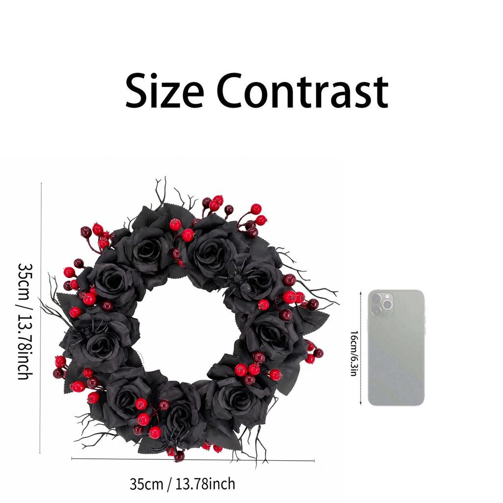 40cm Artificial Rose Branch Wreath with Simulated Spider and Berry Accents for Halloween Party Door Wall Window Decoration
