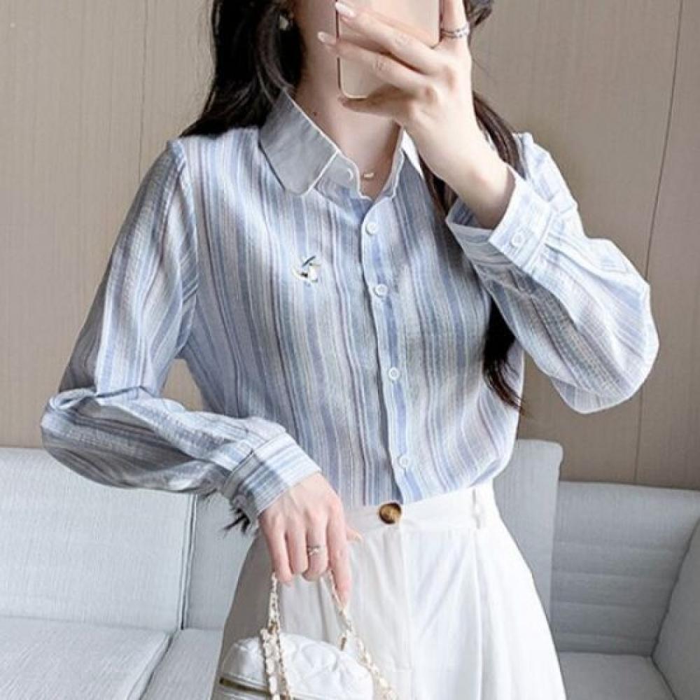 Navava Casual Stripe Embroidery Point Long Sleeve Shirt Nb3043