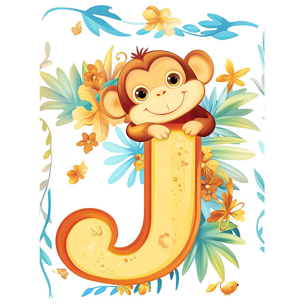 Plakat Wesoły Małpiszonek Na Literze J Plakat Wesoły Małpiszonek Na Literze J, 70X100 Cm, Rama Aluminiowa Czarna, Papier Matowy 230 Gsm