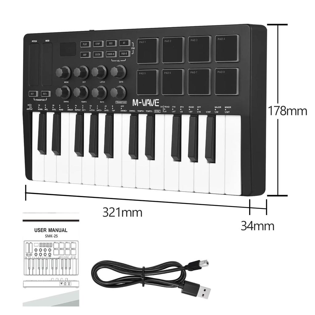 MIDI Keyboard 25 Velocity Dual Portable and 8 RGB Backlit Drum 8 Custom Pitch Chord Scale Compatible with and Various DAWs 25 SMK-25 Controller, Keys,