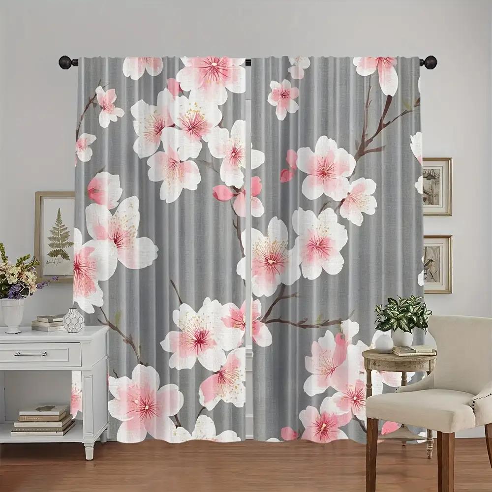 

Piece Cherry Blossom Pattern Curtains Polyester Fabric Suitable Bedroom Living Room Decoration Curtain Made Of Washable Area Ready W100*H70(CM)-Grommet top&1PCS