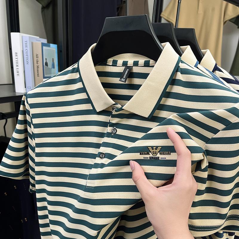 Mulberry Silk Breathable Polo Shirt Men'S Father Striped T-Shirt Trendy Lapel Loose Top