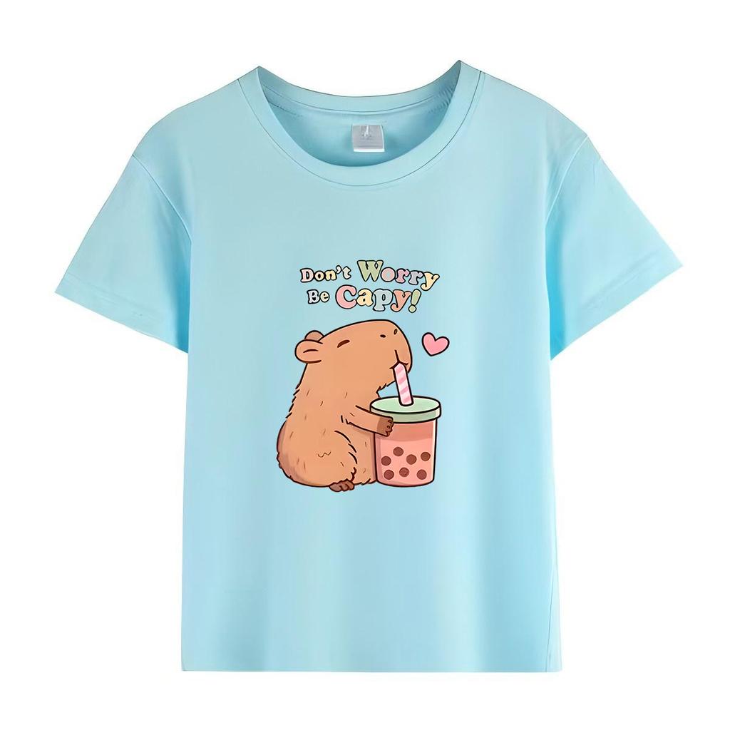 Capybara Kids Summer Cartoon Print T-Shirt 100% Cotton Short Sleeve Crewneck Casual Top for Girls Fashion Tees