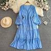 Elegant Green Bohemian V Neck Lantern Sleeve A Line Vestido Holiday Party Dress Sweet Chic Casual Women Fashion Solid