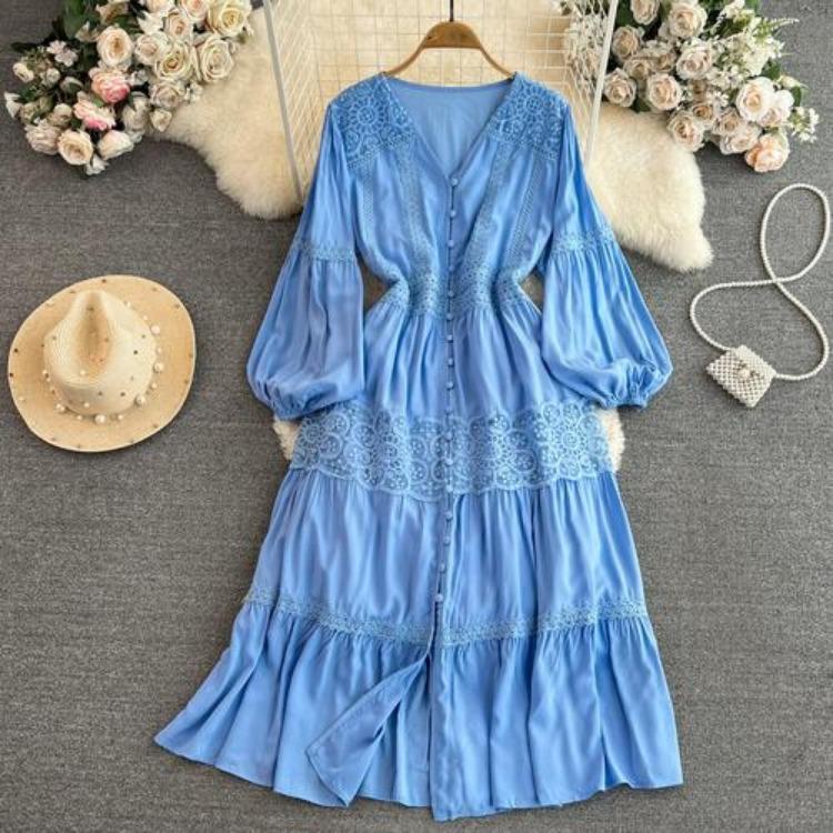 Elegant Green Bohemian V Neck Lantern Sleeve A Line Vestido Holiday Party Dress Sweet Chic Casual Women Fashion Solid