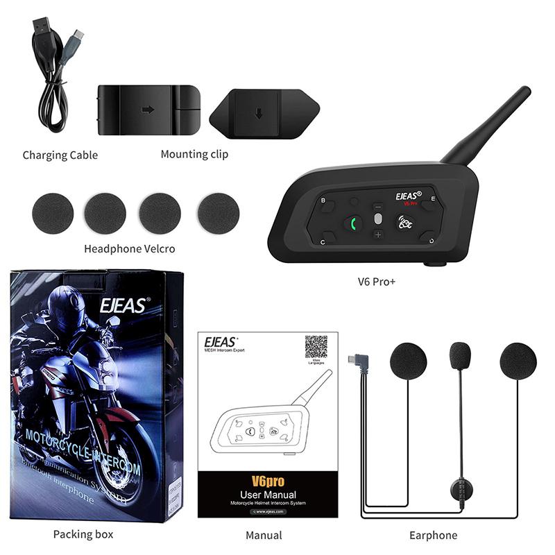 EJEAS V6 PRO+ Motorcycle Intercom Helmet Bluetooth Headset 6 Riders 800m Communicator Waterproof V5.1 Music Player Interphone 1pc type c v6pro