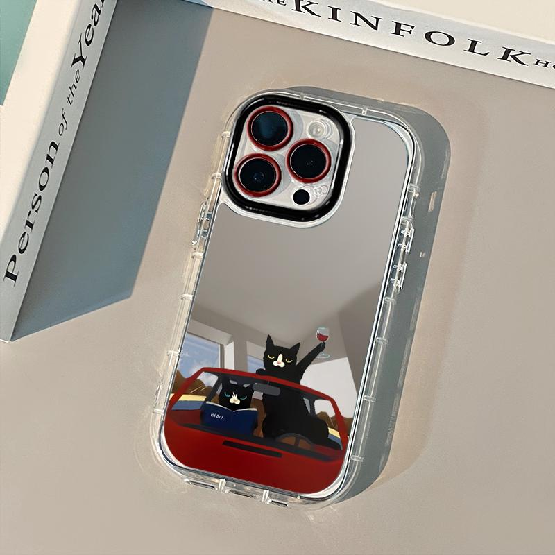 Fashionable Red Wine Cat Mirror Phone Case For iPhone 17 Pro Max Cases 7 8 15 14 16 Plus 13 12 11 Pro X XS XR 16E 17 Air Cover