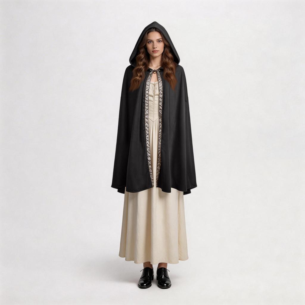 Womens Hooded Cloak Cape Costume Long Flowing Gothic Cape with Tie Front for Halloween Party Cosplay