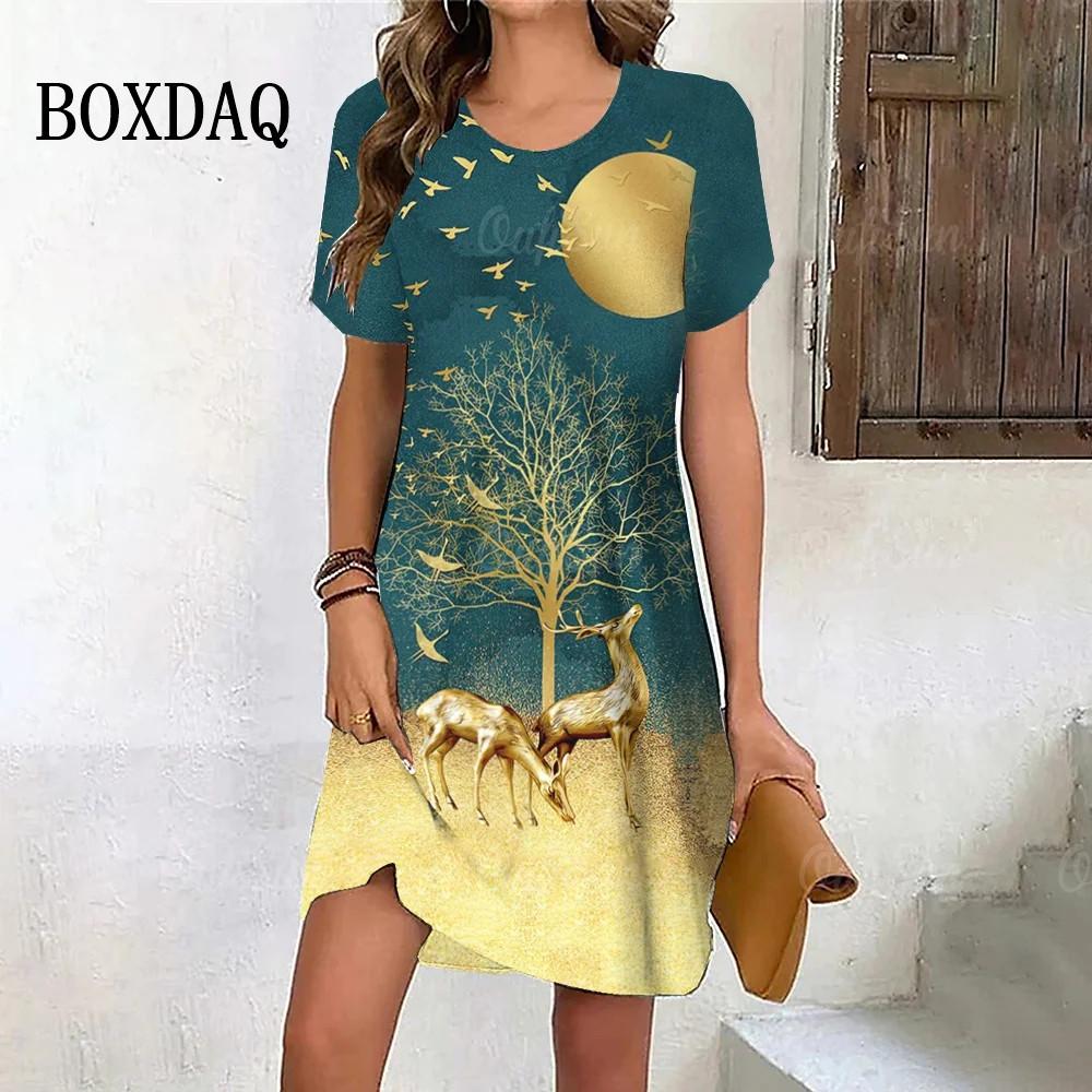 Golden Elk Print Dress Women Cute Christmas Evening Dress New Short Sleeve Sexy Dresses Fashion Party Holiday Woman Clothes