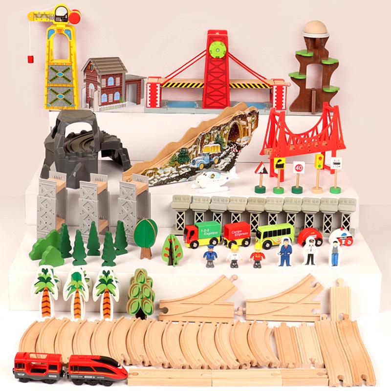 100-Piece City Railway Electric Train Set with Elevated Wooden Tracks