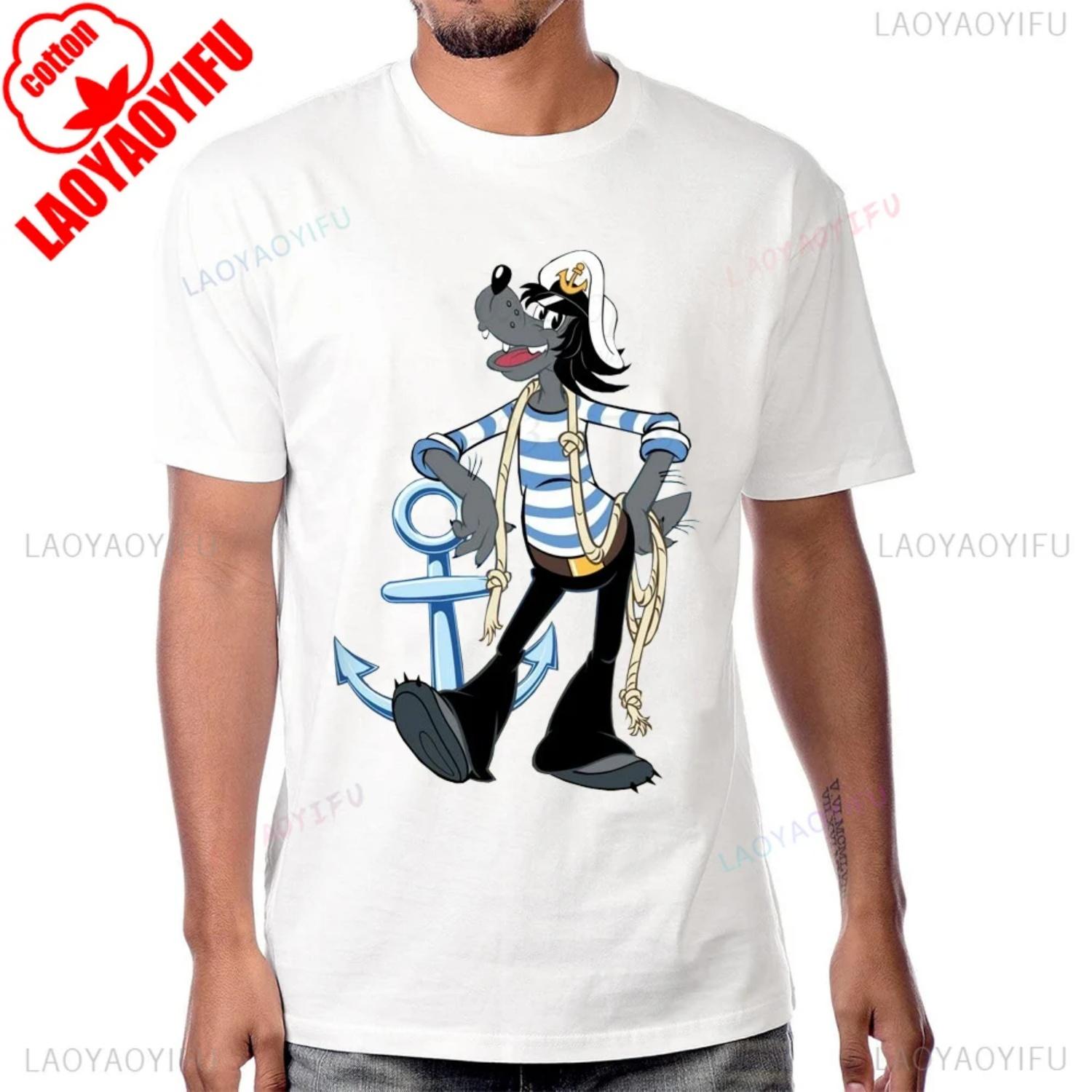 Hot Sale Humor Cartoon Nu Pogodi Russian Animation T-shirt Casual Fashion Loose Short Sleeve Cotton Tshirt Summer Man T Shirt S чёрный
