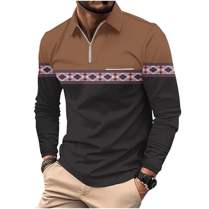 Men's Printed Polo Shirt with Zipper Pocket Sports Long Sleeved Polo Shirt