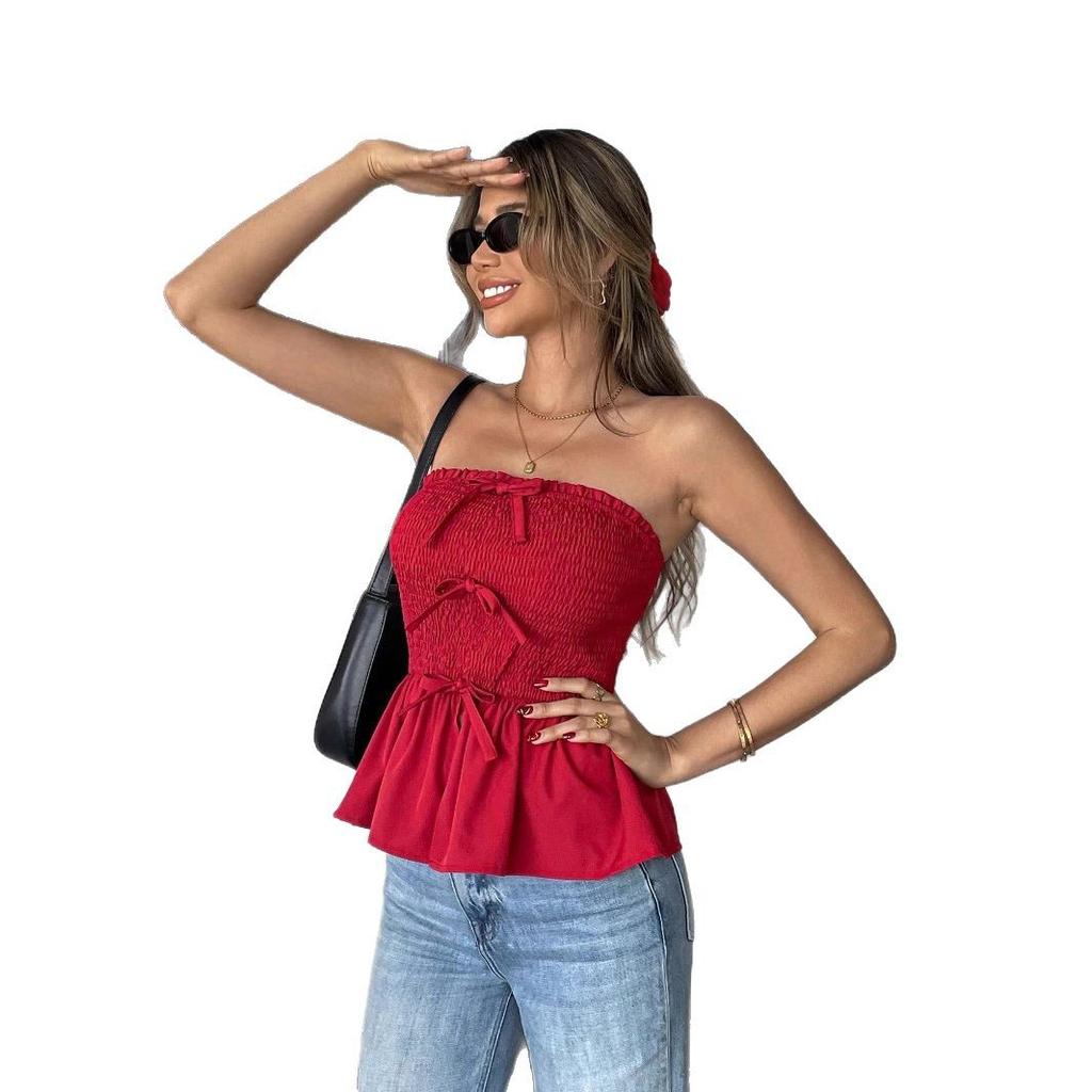 2025 New Model Pleats To Wipe Breast Flappy Bow Short Section Show Thin Foreign Style Red Blouse Female